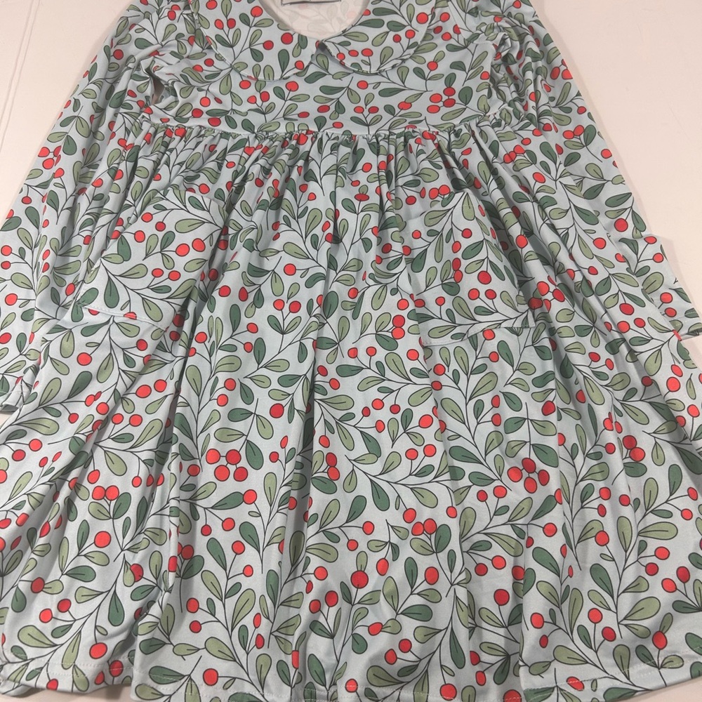 Red and Green Floral Casual Dress with Bishop Sleeves